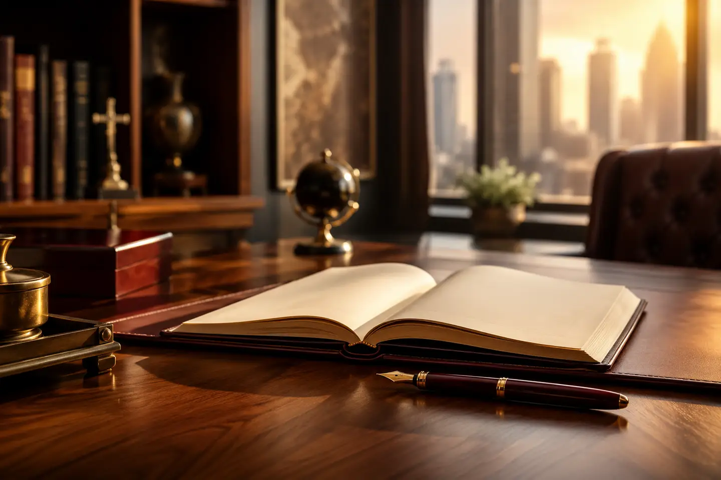 Warm executive advisory table with books and planning materials